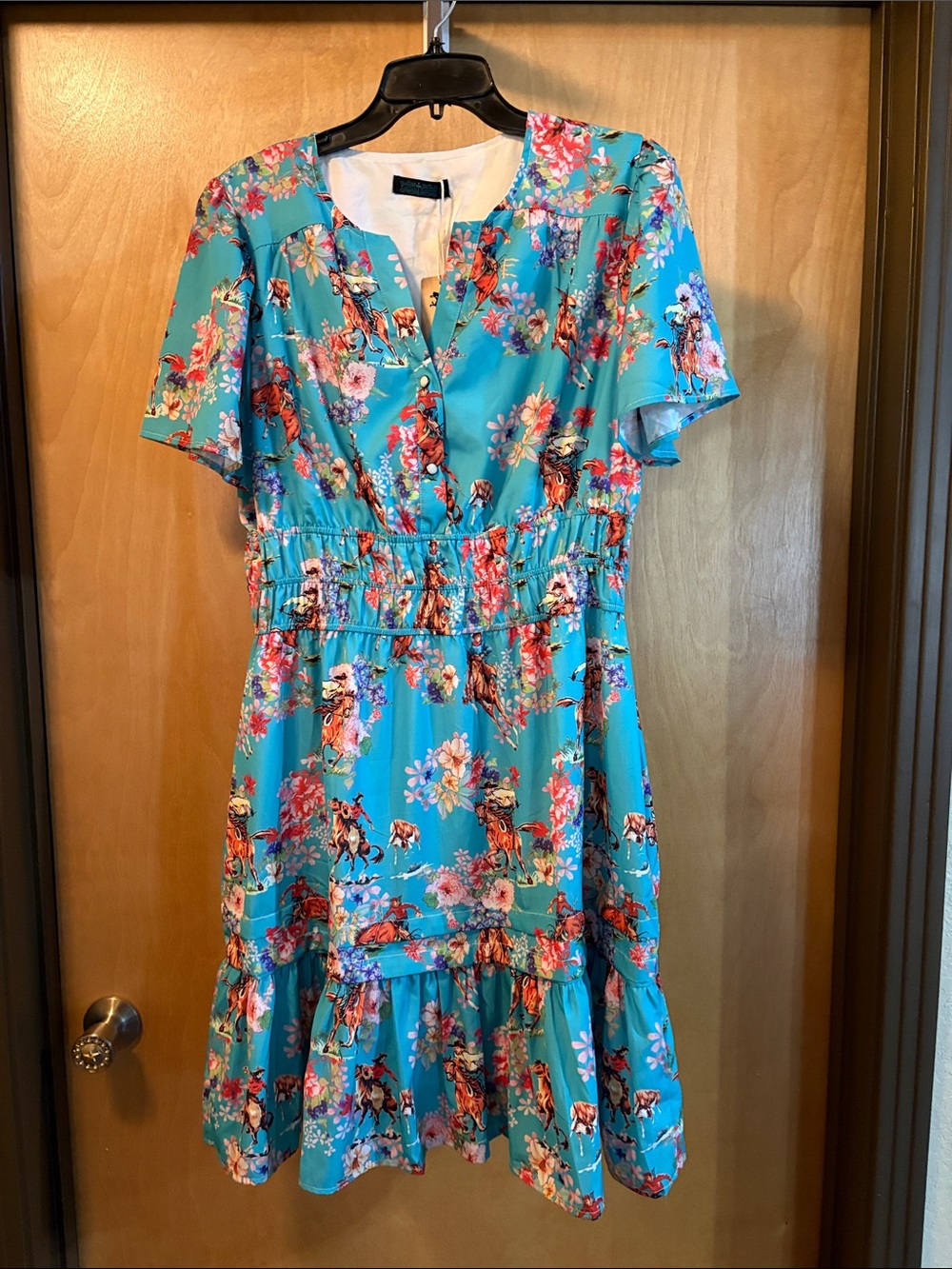 Fashion Express Floral Tiered Short-Sleeve Dress in Aqua with Cowboy Print